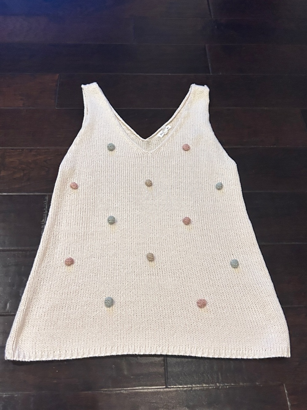 Blu Pepper Cream Knit V-Neck Tank Sweater with Pastel Pom Poms